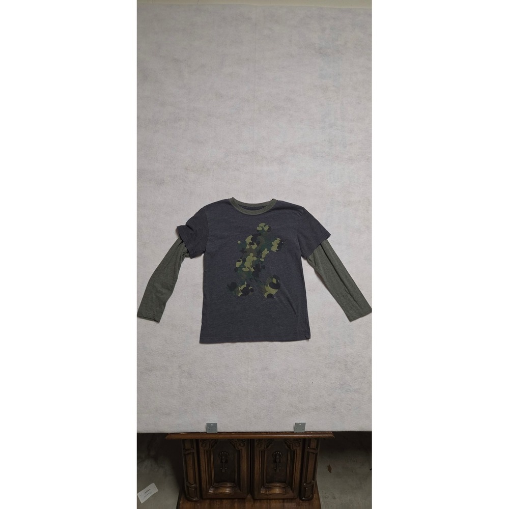Disney Mickey Mouse Camo Graphic Long Sleeve Tee Size M Gray Green